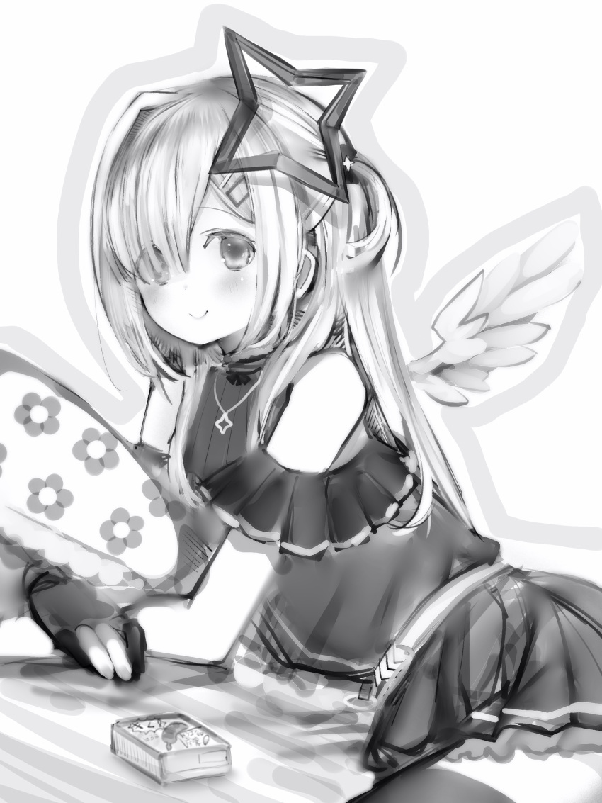 1girl amane_kanata angel angel_wings belt closed_mouth gloves greyscale hair_over_one_eye halo highres hololive jewelry long_hair looking_at_viewer miniskirt monochrome nanashi_(nlo) necklace object_hug off_shoulder partially_fingerless_gloves pillow pillow_hug pleated_skirt short_sleeves skirt smile solo star_halo two_side_up virtual_youtuber white_background wings