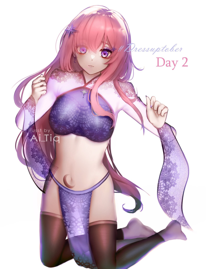 1girl barefoot black_legwear breasts crescent crop_top expressionless eyebrows_visible_through_hair highres iluvei kneeling long_hair looking_at_viewer medium_breasts navel original pelvic_curtain pink_hair solo stomach_tattoo tattoo thigh-highs violet_eyes