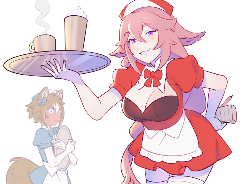 1boy 1girl alternate_costume animal_ears apron bow breasts brown_hair coffee_cup cup disposable_cup dress fox_ears fox_tail genshin_impact gorou_(genshin_impact) hair_bow highres holding holding_plate kitsune large_breasts lilyglazed long_hair looking_at_viewer multicolored_hair parfait pink_hair plate puffy_short_sleeves puffy_sleeves red_dress red_headwear short_hair short_sleeves smile tail tray two-tone_hair violet_eyes waist_apron waitress white_background white_hair white_legwear yae_miko