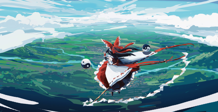1girl above_clouds absurdres black_footwear black_hair bow clouds cloudy_sky commentary detached_sleeves frilled_bow frilled_skirt frills from_behind gohei hair_bow hakurei_reimu haru_akira highres holding_gohei landscape long_hair nature orb red_bow red_ribbon red_skirt red_vest ribbon ribbon-trimmed_sleeves ribbon_trim river scenery shoes skirt sky solo touhou vest white_sleeves wide_shot wide_sleeves yin_yang yin_yang_orb