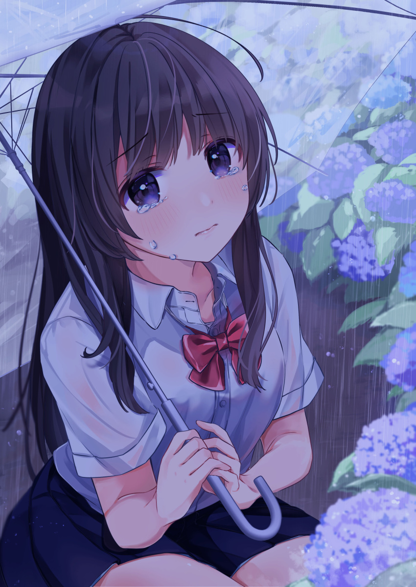 1girl absurdres ahoge bangs blue_eyes blue_skirt blush bow bowtie breasts brown_hair buntason_(buritarooooo) buttons collarbone collared_shirt commentary_request crying dress eyebrows_visible_through_hair floral_background flower hair_between_eyes hair_over_breasts hair_over_eyes hair_over_shoulder highres holding holding_umbrella hydrangea long_hair looking_at_viewer messy_hair open_collar original pleated_dress rain red_bow red_bowtie school_uniform see-through shirt skirt small_breasts solo squatting tears umbrella unbuttoned unbuttoned_shirt wavy_mouth wet wet_clothes white_shirt