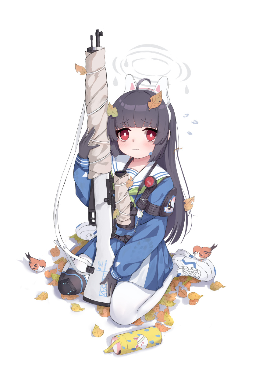 1girl absurdres ahoge animal_ears bangs binoculars bird black_gloves black_hair blue_archive blunt_bangs bug commentary_request eyebrows_visible_through_hair fake_animal_ears fly flying_sweatdrops full_body gloves gun hairband halo highres holding holding_gun holding_weapon jinfengkaze long_hair long_sleeves looking_at_viewer miyu_(blue_archive) pantyhose pleated_skirt rabbit_ears red_eyes rifle school_uniform serafuku sidelocks simple_background sitting skirt sniper_rifle solo wariza weapon white_background white_legwear