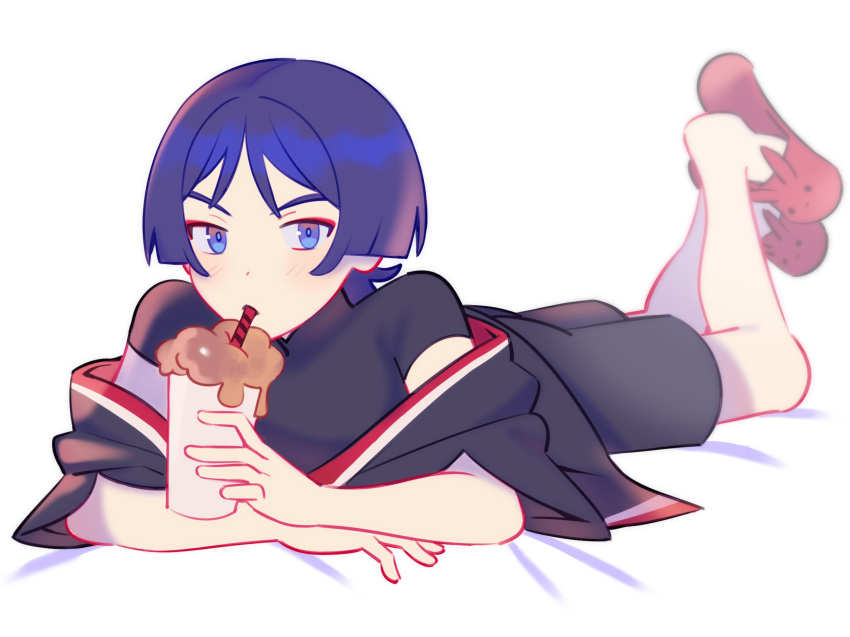 1boy black_shorts blush cup drinking_glass drinking_straw genshin_impact highres lilyglazed looking_at_viewer lying male_focus off_shoulder on_stomach purple_hair red_eyeliner scaramouche_(genshin_impact) short_hair short_sleeves shorts slippers violet_eyes white_background