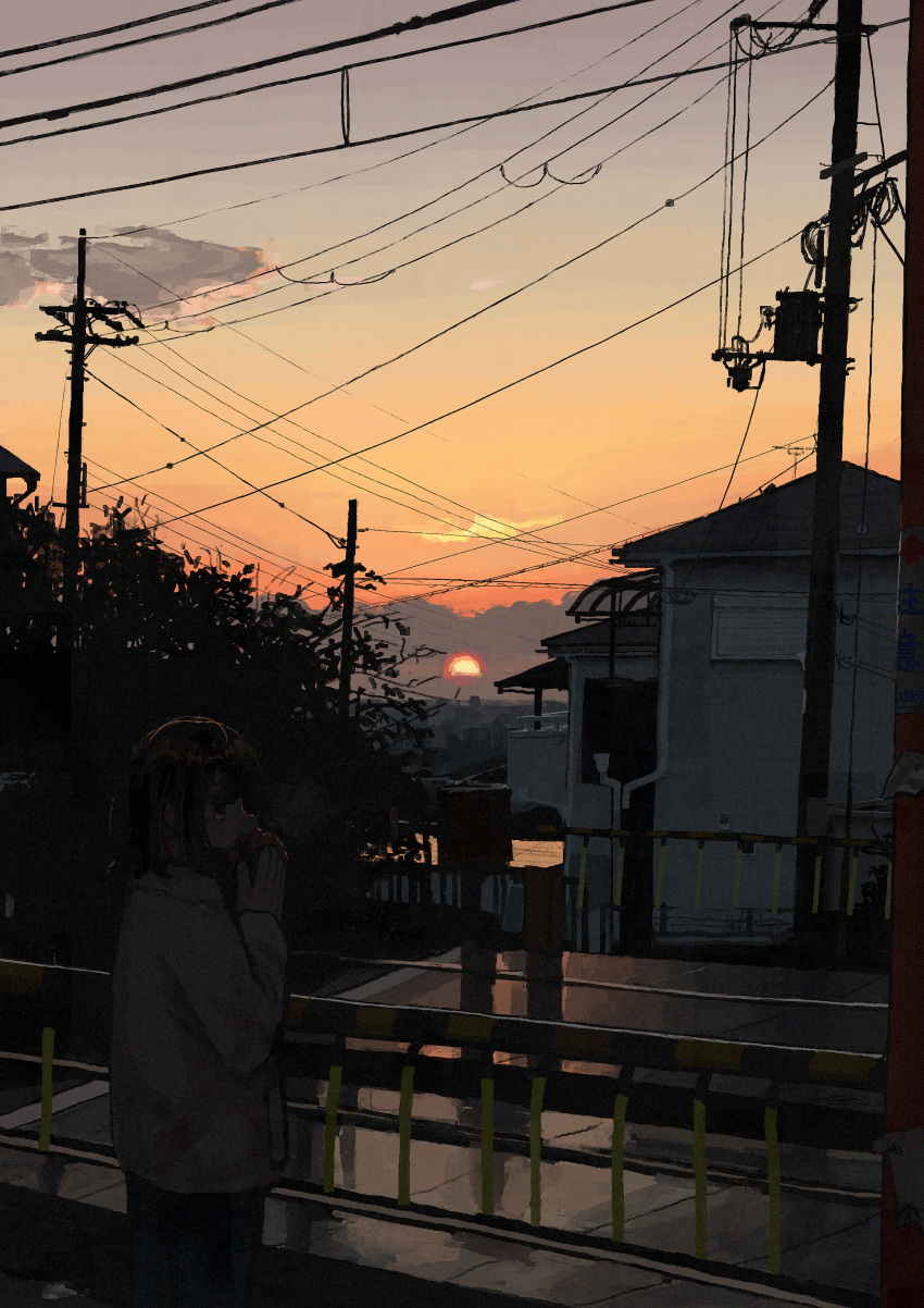 1girl absurdres black_hair bob_cut clouds coat evening gloves highres house original power_lines railing railroad_crossing railroad_tracks scenery sky solo standing sunset uniunimikan utility_pole winter_clothes winter_coat