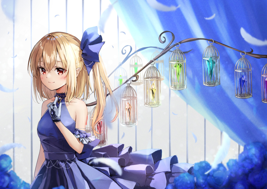 1girl alternate_costume bangs bare_shoulders birdcage black_gloves blonde_hair blue_bow blue_dress blue_flower blush bow breasts cage chain collar dress eyebrows_visible_through_hair flandre_scarlet flower gloves hair_between_eyes highres long_hair looking_at_viewer red_eyes shironeko_yuuki sleeveless sleeveless_dress smile solo touhou watch window