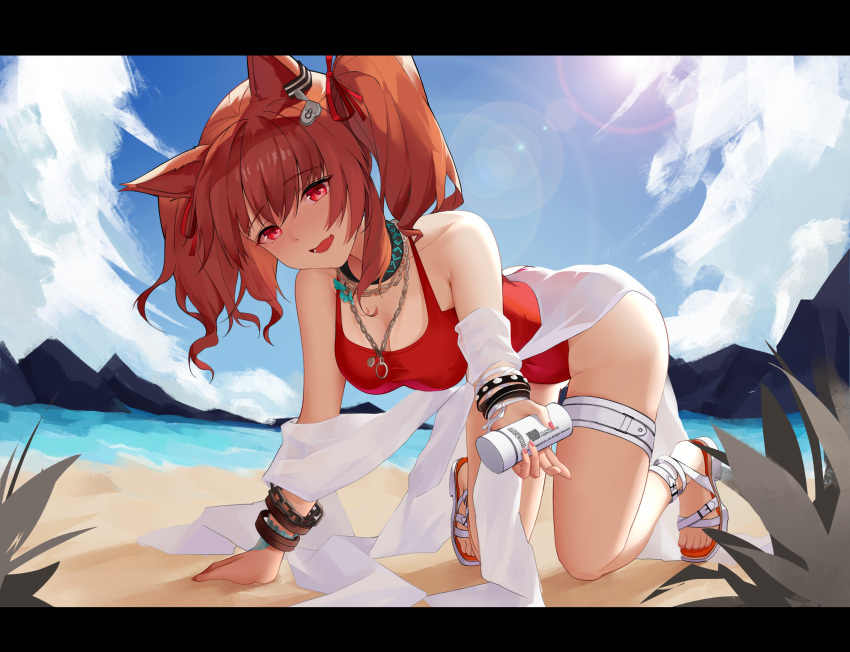 1girl absurdres all_fours angelina_(arknights) angelina_(summer_flowers)_(arknights) animal_ears arknights beach black_collar blue_sky breasts brown_hair clouds cloudy_sky collar eyebrows_visible_through_hair fizzbin fox_ears fox_girl hair_between_eyes hairband highres infection_monitor_(arknights) looking_at_viewer medicine_bottle medium_breasts mountain official_alternate_costume open_mouth red_eyes red_swimsuit sky smile swimsuit swimsuit_cover-up twintails two-tone_hairband water