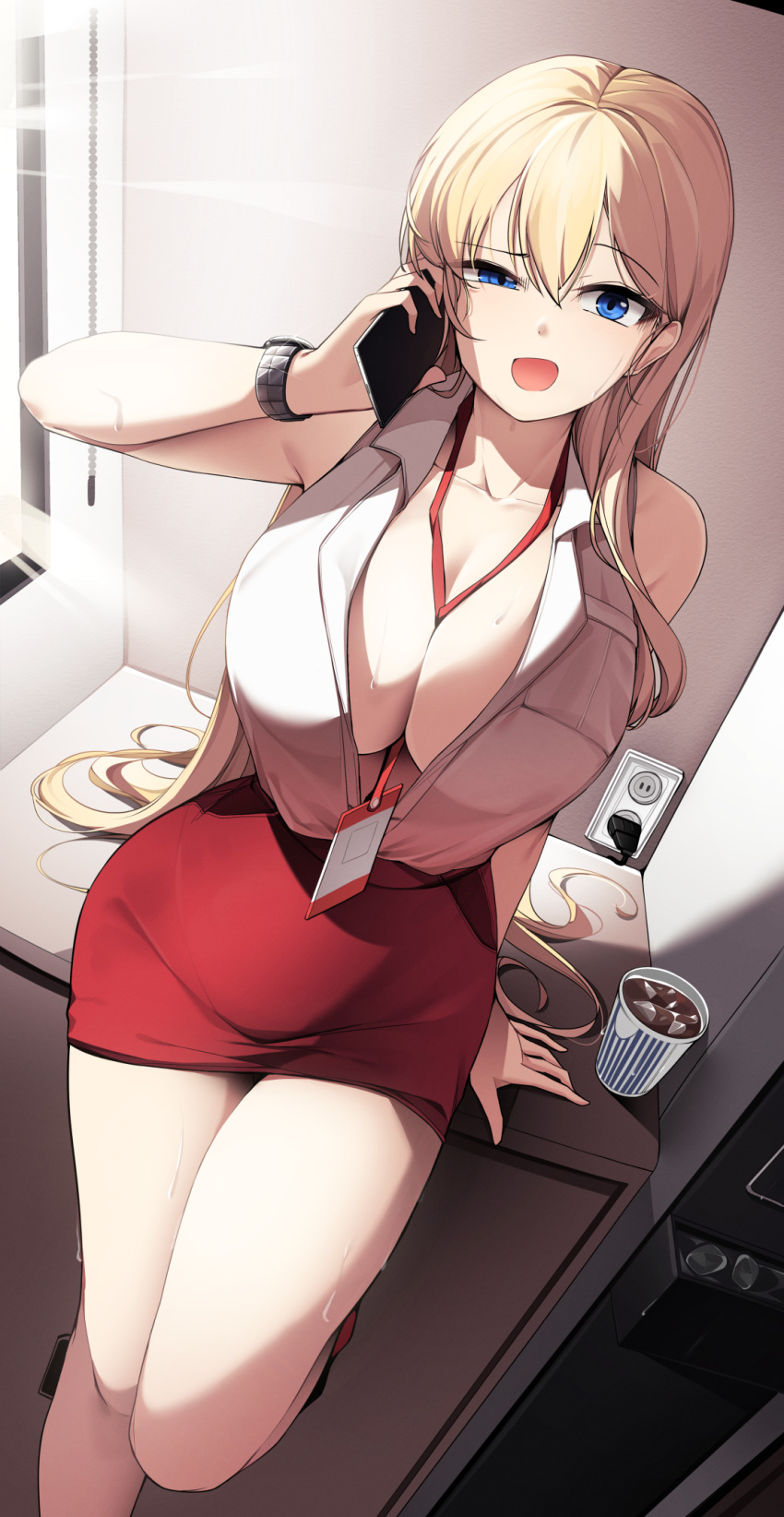 1girl :o bare_arms bare_shoulders between_breasts blonde_hair blue_eyes breasts cellphone coffee_cup collarbone collared_shirt cup ddangbi disposable_cup electric_socket foot_up furrowed_brow highres holding holding_phone ice ice_cube lanyard large_breasts leaning_back long_hair looking_at_viewer office_lady open_mouth original pencil_skirt phone red_skirt shirt shirt_tucked_in skirt sleeveless sleeveless_shirt smartphone solo sweat talking_on_phone thighs unbuttoned unbuttoned_shirt watch watch white_shirt