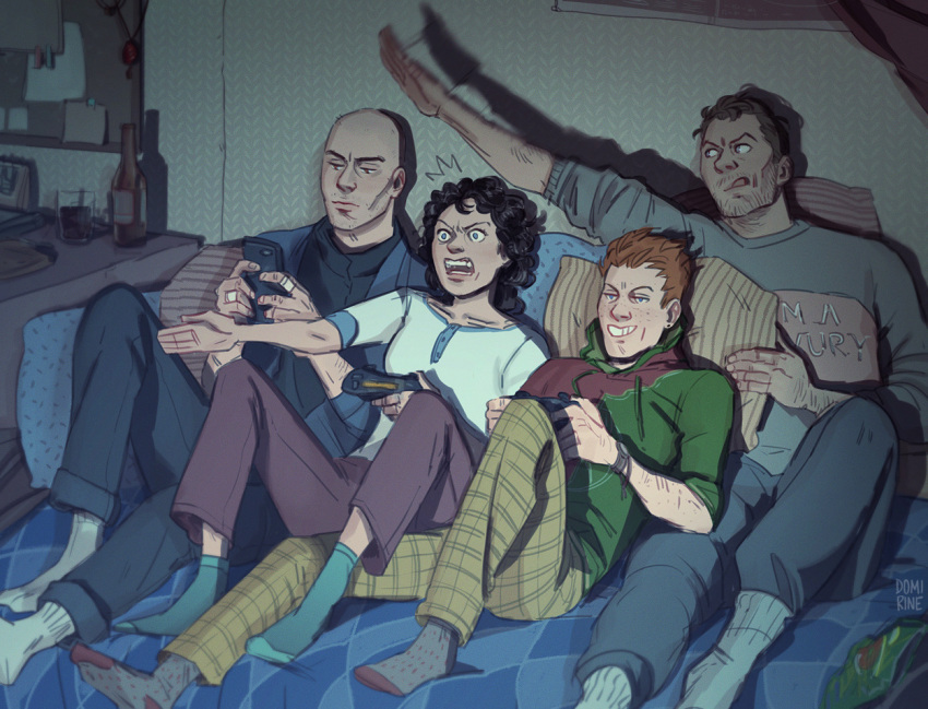 1woman 3men apple_basket_gang artemy_burakh bad_grief bald blanket blonde_hair blue_jacket blue_pants blue_shirt brown_hair cellphone domirine green_shirt grey_socks grey_sweater haruspex humbles lara_ravel mauve_pants modern_au pathologic pathologic_2 pillow plaid_pants redhead sitting stakh_rubin teal_socks video_game video_game_controllers white_shirt white_socks yellow_pants