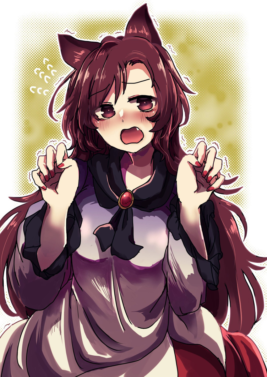 1girl animal_ears apapo black_neckerchief blouse breasts brooch brown_eyes brown_hair collarbone commentary_request fang fingernails frilled_sleeves frills highres holding holding_hair imaizumi_kagerou jewelry long_hair long_sleeves medium_breasts neckerchief one-hour_drawing_challenge open_mouth red_nails red_skirt shirt skirt touhou upper_body very_long_hair werewolf white_shirt wide_sleeves wolf_ears