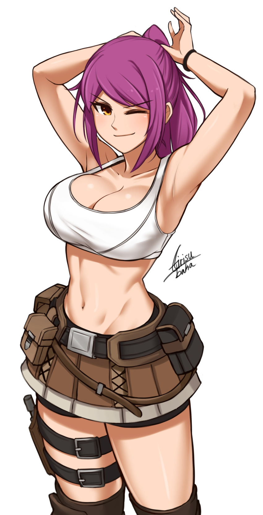 1girl ;) absurdres airisubaka armpits arms_up artist_name bare_arms bare_shoulders belt_pouch bike_shorts bike_shorts_under_skirt breasts brown_eyes collarbone commentary crop_top english_commentary eyebrows_visible_through_hair highres holster large_breasts leah_(airisubaka) looking_at_viewer midriff miniskirt navel one_eye_closed original ponytail pouch purple_hair signature simple_background skirt smile solo tank_top thigh-highs thigh_holster thigh_strap thighs v-shaped_eyebrows white_background white_tank_top