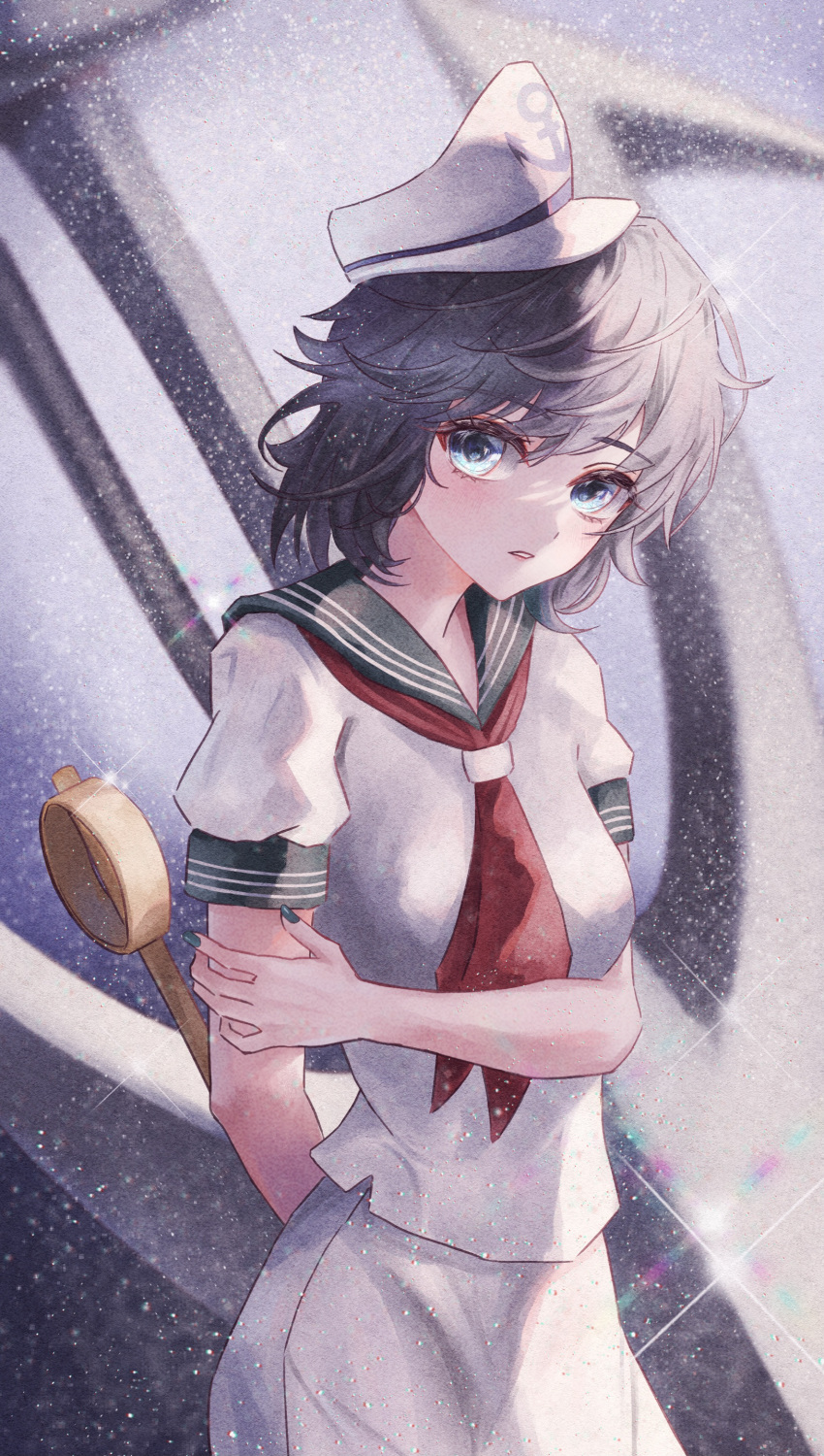 1girl absurdres anchor_symbol black_hair blurry blurry_background contrapposto cowboy_shot depth_of_field expressionless hat highres ladle looking_at_viewer m4_gun murasa_minamitsu neckerchief parted_lips sailor_collar sailor_hat shirt short_hair short_sleeves solo sparkle touhou