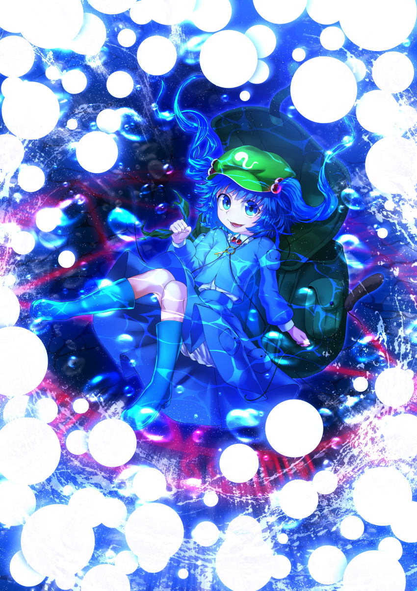 1girl absurdres backpack bag bangs bloomers blue_footwear blue_hair blue_jacket blue_skirt boots bubble cattail collared_shirt commentary flat_cap fuji_tarawi full_body green_bag green_headwear hair_bobbles hair_ornament hat highres holding in_water jacket kawashiro_nitori key long_sleeves looking_at_viewer medium_hair neck_bobbles open_mouth plant seaweed shirt skirt smile solo spell_card touhou two_side_up underwear water white_shirt