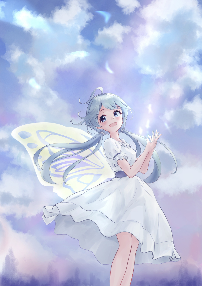 1girl :d absurdres ahoge bangs blue_eyes blue_hair blush butterfly_wings dress eyebrows_visible_through_hair facing_viewer fairy fairy_wings free_palet frills highres legs_together long_hair looking_to_the_side low_twintails open_mouth original own_hands_together puffy_short_sleeves puffy_sleeves rainbow short_sleeves sky smile solo twintails very_long_hair wings