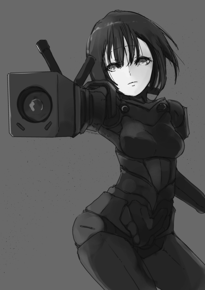 1girl arm_cannon black_hair blame! breasts closed_mouth cyborg graviton_beam_emitter greyscale highres looking_at_viewer malcolm_x_(artist) monochrome pale_skin sanakan short_hair simple_background solo weapon