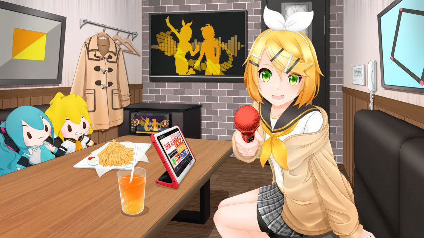 1boy 2girls :d blonde_hair blush bow character_doll clothes_hanger clothes_rack drink eyebrows_visible_through_hair fang food french_fries green_eyes hair_bow hair_ornament hairband hairclip hatsune_miku highres holding holding_microphone indoors jacket kagamine_len kagamine_rin kantera3902 karaoke looking_at_viewer microphone multiple_girls object_request off_shoulder open_mouth pleated_skirt pov school_uniform screen serafuku short_hair shorts shorts_under_skirt skirt smile television vocaloid