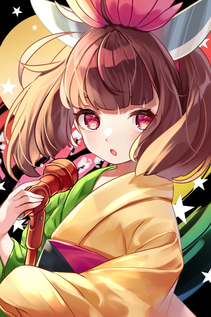 :o absurdres ahoge amazakura asymmetrical_clothes bangs blunt_bangs blush brown_hair cosplay flower hair_flower hair_ornament highres holding holding_microphone japanese_clothes kanoko_(pop'n_music) kanoko_(pop'n_music)_(cosplay) kimono knife_hair_ornament long_sleeves looking_at_viewer medium_hair microphone microphone_stand obi open_mouth red_eyes sash touhoku_kiritan two-tone_kimono voiceroid wide_sleeves