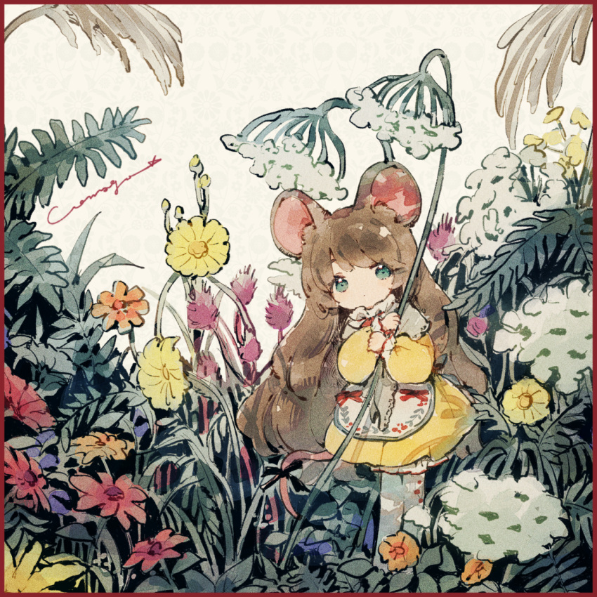 1girl animal_ears apron brown_hair conago dot_mouth dress eyebrows_visible_through_hair film_grain flower green_eyes highres leaf long_hair long_sleeves minigirl mouse_ears mouse_tail original personification red_ribbon ribbon solo standing tail yellow_dress