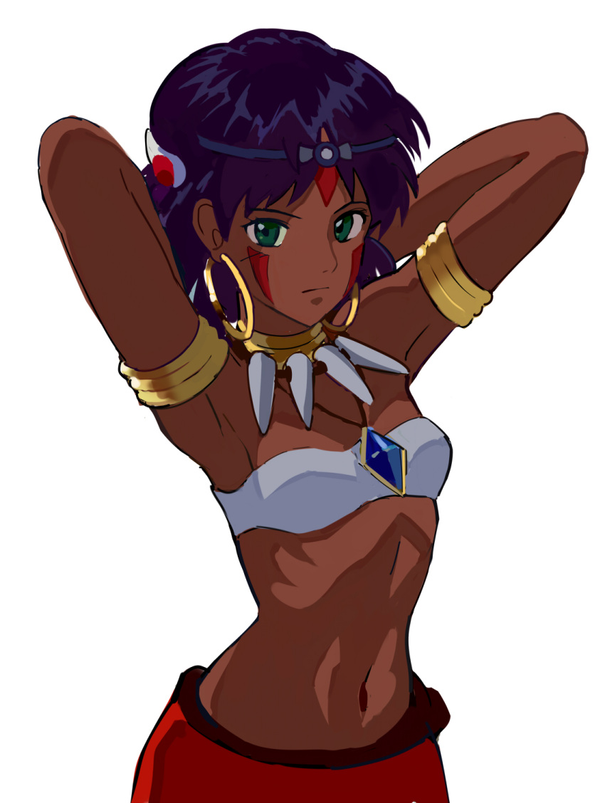 1girl armlet armpits arms_behind_head arms_up bangs bare_shoulders breasts closed_mouth commentary cosplay cowboy_shot dark-skinned_female dark_skin earrings facepaint facial_mark fushigi_no_umi_no_nadia green_eyes hair_ornament hairclip headband highres hoop_earrings jewelry looking_at_viewer midriff mononoke_hime nadia_la_arwall navel neck_ring necklace no_vest okken purple_hair red_skirt ribs san_(mononoke_hime) san_(mononoke_hime)_(cosplay) serious short_hair simple_background skirt small_breasts solo stretch tooth_necklace white_background white_bandeau