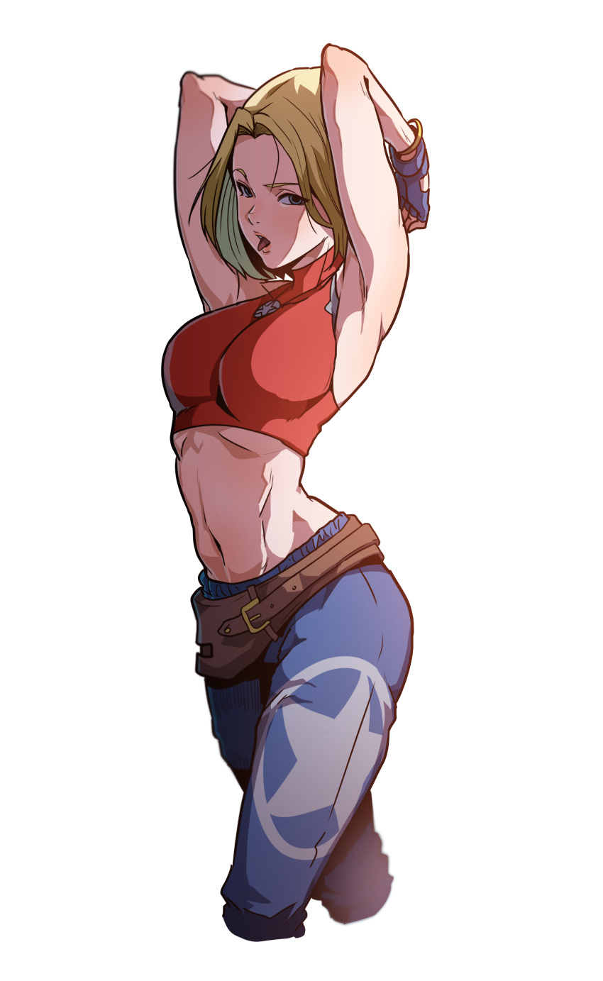 1girl absurdres armpits arms_behind_head arms_up baggy_pants belt beltskirt blonde_hair blue_eyes blue_mary bob_cut breasts cowboy_shot crop_top cropped_legs fatal_fury fingerless_gloves forehead from_side gloves highres honeyboy jewelry large_breasts linea_alba looking_at_viewer loose_belt medium_hair midriff navel necklace open_mouth pants red_shirt shirt simple_background sleeveless solo star_(symbol) straight_hair the_king_of_fighters the_king_of_fighters_xv tongue tongue_out turtleneck white_background