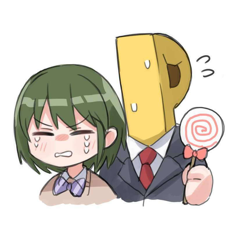 1boy 1girl absurdres angry bangs black_jacket blush_stickers bow bowtie brown_vest business_suit candy clenched_teeth closed_eyes crying flying_sweatdrops food formal gakuto_96 green_hair hand_up highres holding holding_candy holding_food holding_lollipop idolmaster idolmaster_shiny_colors jacket lollipop long_sleeves nanakusa_nichika necktie p-head_producer producer_(idolmaster) purple_bow purple_bowtie red_necktie shirt short_hair suit sweat symbol-only_commentary teeth upper_body v-shaped_eyebrows vest white_shirt