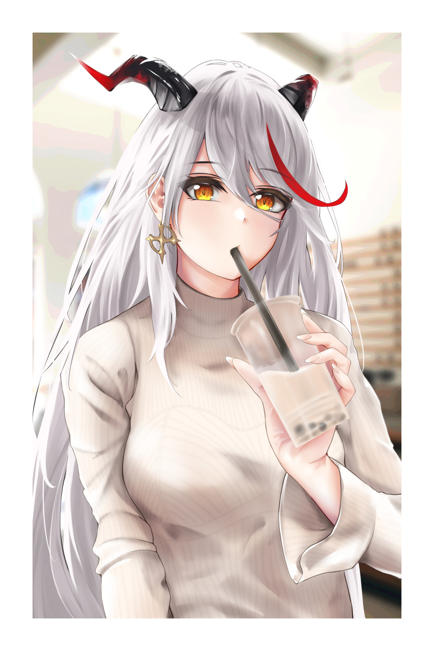 1girl absurdres aegir_(azur_lane) alternate_costume azur_lane black_horns breasts bubble_tea casual cross cross_earrings cup demon_horns disposable_cup drinking drinking_straw earrings hair_between_eyes highres holding holding_cup horns indoors jewelry large_breasts long_hair looking_at_viewer multicolored_hair redhead ribbed_sweater solo streaked_hair sweater turboflower two-tone_hair upper_body very_long_hair white_hair white_sweater yellow_eyes