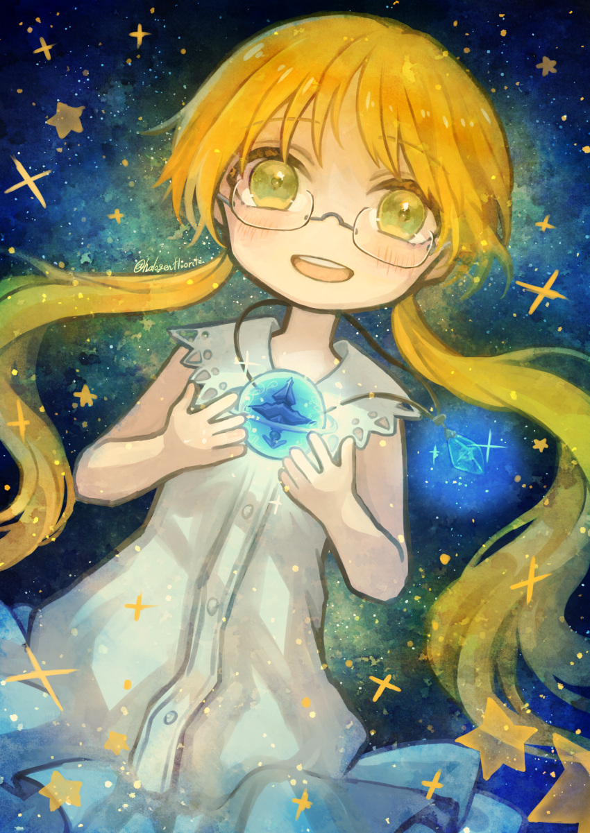 1girl absurdres bad_hands blonde_hair blue_background blush child commentary_request cowboy_shot dress dutch_angle eyebrows_visible_through_hair frilled_dress frills glasses green_eyes halogenfluorite hands_up highres jewelry long_hair looking_at_viewer made_in_abyss multiple_sources open_mouth pendant riko_(made_in_abyss) sleeveless sleeveless_dress smile solo sparkle star_(sky) star_(symbol) star_compass twitter_username very_long_hair white_dress