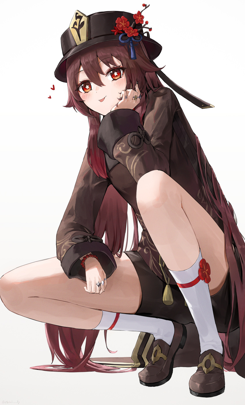 1girl :p absurdres bead_bracelet beads black_headwear black_shorts blush bracelet brown_hair chinese_clothes ebiri_fy full_body genshin_impact hand_on_own_face hat highres hu_tao_(genshin_impact) jewelry legs long_hair multicolored_hair nail_polish red_eyes redhead ring shoes shorts simple_background smile socks solo squatting star-shaped_pupils star_(symbol) symbol-shaped_pupils tongue tongue_out top_hat twintails two-tone_hair very_long_hair white_background white_legwear