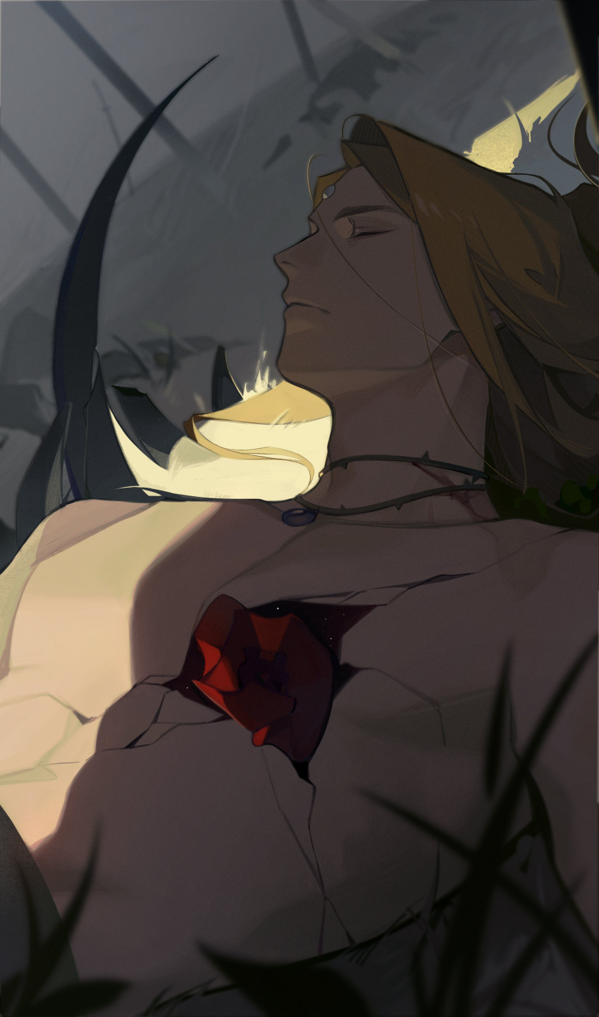 1boy absurdres blonde_hair closed_eyes closed_mouth collarbone crack cracked_skin final_fantasy final_fantasy_xiv garlean grass highres jewelry katana long_hair lying male_focus necklace on_back planted planted_sword shanya0015 solo sword third_eye thorns topless_male weapon zenos_yae_galvus