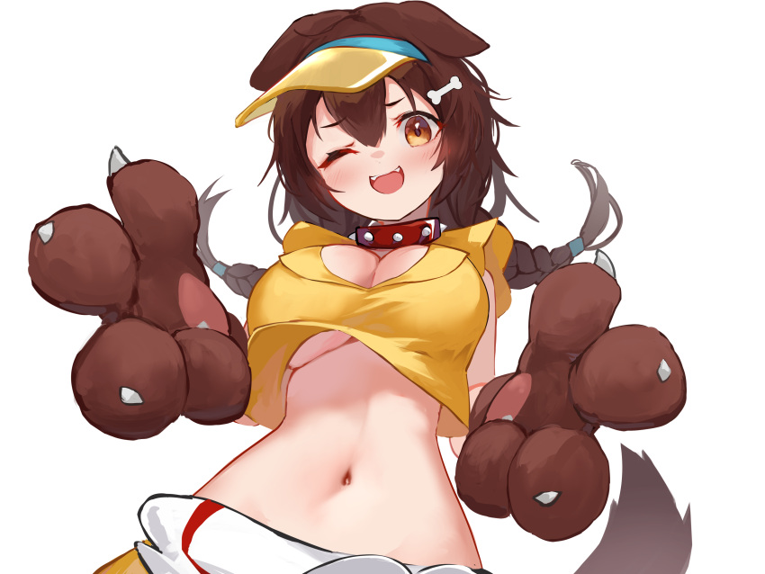 1girl :d absurdres animal_ears animal_hands blush bone_hair_ornament braid breasts brown_eyes brown_hair cartoon_bone collar commentary dog_ears dog_girl dog_tail doggy_god's_street from_below gloves hair_between_eyes hair_ornament highres hololive inugami_korone large_breasts long_hair looking_at_viewer navel noor7 one_eye_closed paw_gloves simple_background smile solo spiked_collar spikes stomach tail twin_braids under_boob upper_body upshirt virtual_youtuber visor_cap white_background