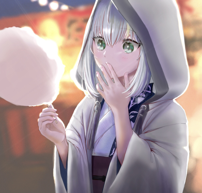 1girl ahoge bag blurry blurry_background coat eyebrows_visible_through_hair fate_(series) gray_(fate) hair_between_eyes highres hood hood_up hooded_coat japanese_clothes kimono long_hair lord_el-melloi_ii_case_files maru_(pjnh8882) open_clothes open_coat shiny shiny_hair solo upper_body white_coat white_hair white_kimono