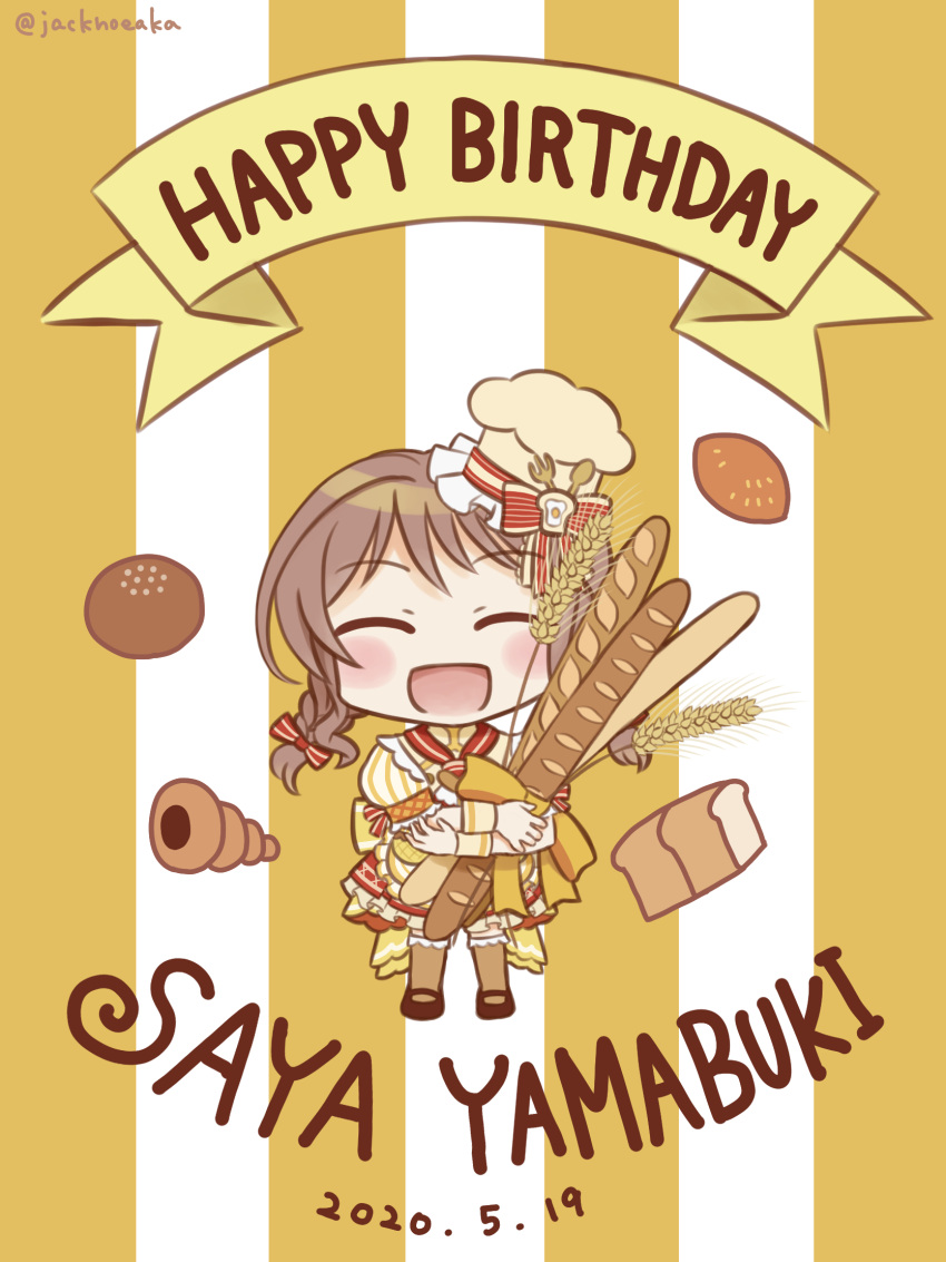 1girl :d ^_^ alternate_hairstyle artist_name baguette bang_dream! blush_stickers braid bread brown_hair character_name chef_hat chibi chocolate_cornet closed_eyes dated dress facing_viewer food frilled_dress frills happy_birthday hat highres jack_(jacknoeaka) smile solo twin_braids yamabuki_saaya