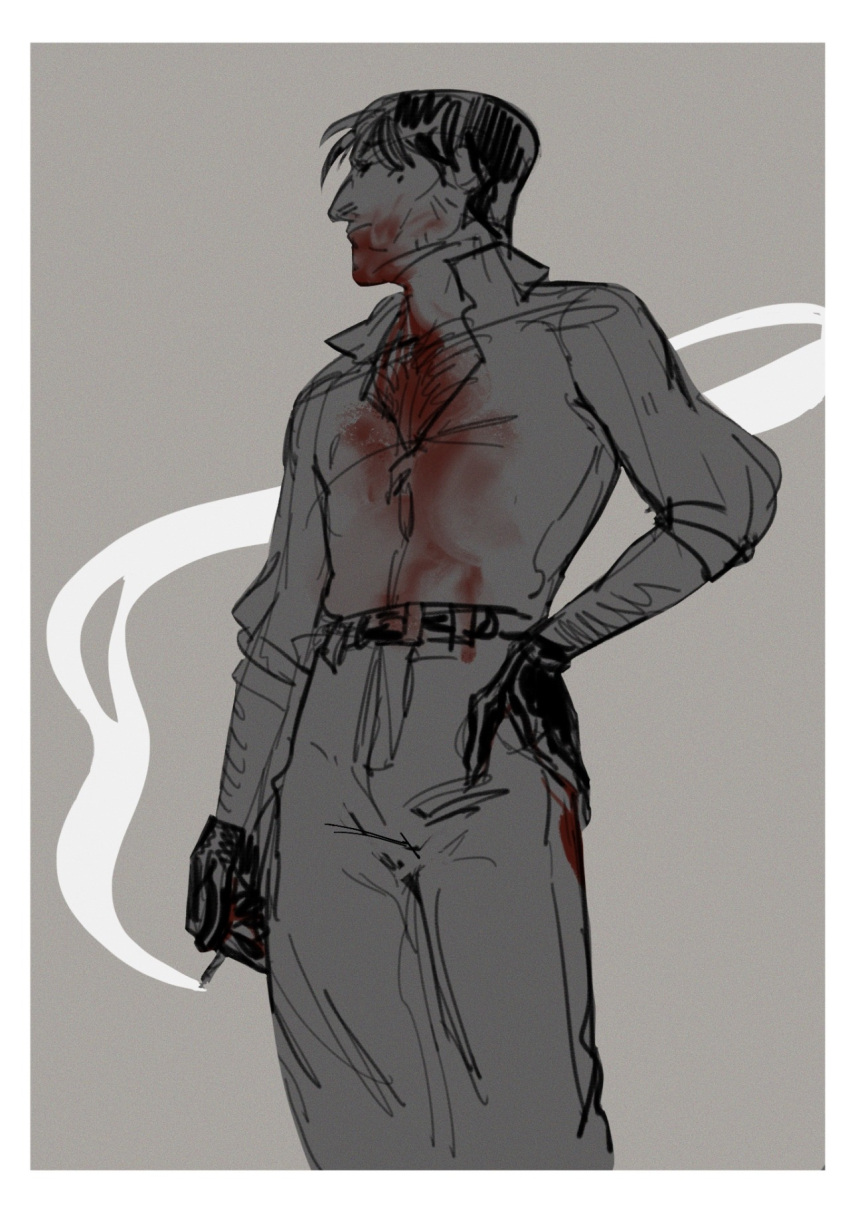 1man bachelor belt black_gloves black_hair blood blood_from_mouth blood_on_face bloody_clothes cigarette daniil_dankovsky domirine greyscale hand_on_hip leather leather_gloves pathologic pathologic_2 short_hair sketch solo vampire