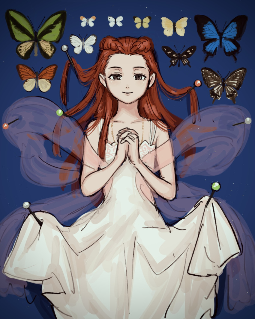1girl ace_attorney braid bug butterfly dahlia_hawthorne dress grey_eyes highres long_hair looking_at_viewer needle own_hands_clasped own_hands_together pinned redhead renshu_usodayo sleeveless smile solo white_dress