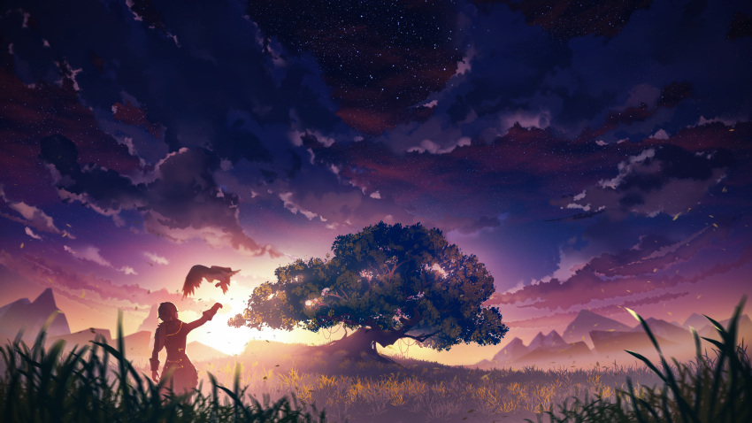 1boy absurdres bird blurry blurry_foreground clouds cloudy_sky commentary_request depth_of_field diluc_(genshin_impact) evening falcon falling_leaves from_behind genshin_impact grass highres landscape leaf mountain mountainous_horizon outdoors scenery sky solo standing star_(sky) starry_sky tree zi13591