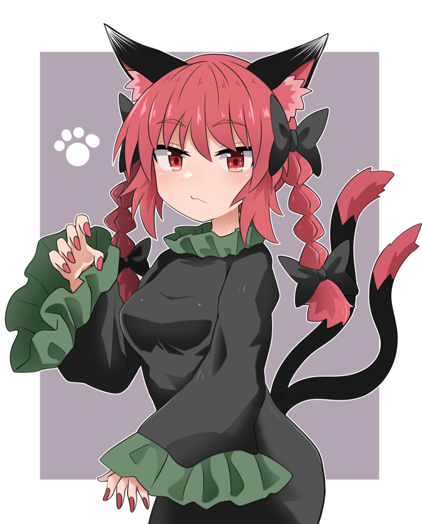 1girl :/ animal_ears bangs black_bow blush bow braid breasts cat_ears cat_tail chups dress eyebrows_visible_through_hair frilled_dress frilled_sleeves frills hair_bow highres kaenbyou_rin long_sleeves looking_at_viewer medium_breasts multiple_tails nekomata red_eyes red_nails redhead solo tail touhou twin_braids two_tails