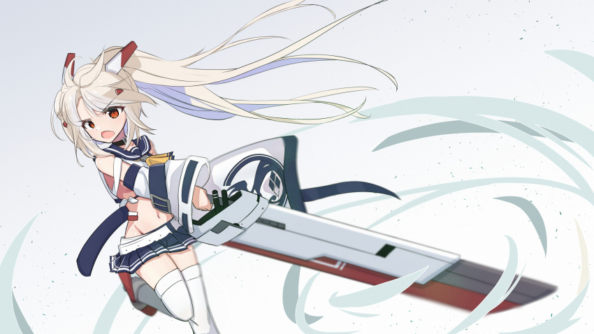 1girl :o ayanami_(azur_lane) azur_lane bangs belt blue_skirt choker collarbone commentary_request detached_sleeves eyebrows_visible_through_hair fighting_stance greatsword grey_hair hair_between_eyes hair_ornament hairclip headgear highres holding holding_sword holding_weapon long_hair long_sleeves looking_at_viewer navel orange_eyes oruk pleated_skirt ponytail retrofit_(azur_lane) school_uniform serafuku sidelocks simple_background skirt solo standing standing_on_one_leg stomach sword thigh-highs v-shaped_eyebrows weapon white_background white_legwear wide_sleeves wind zettai_ryouiki