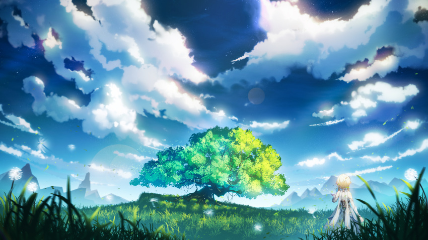 1girl absurdres blonde_hair blurry blurry_foreground clouds cloudy_sky commentary_request dandelion_seed day depth_of_field dress from_behind genshin_impact grass highres landscape lumine_(genshin_impact) mountain mountainous_horizon outdoors scenery short_hair short_hair_with_long_locks sky solo standing tree white_dress zi13591