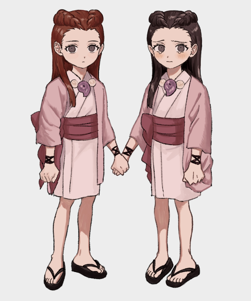 ace_attorney black_hair child dahlia_hawthorne grey_eyes highres holding_hands iris_(ace_attorney) japanese_clothes matching_hairstyle matching_outfit redhead renshu_usodayo sandals siblings simple_background sisters tearing_up younger