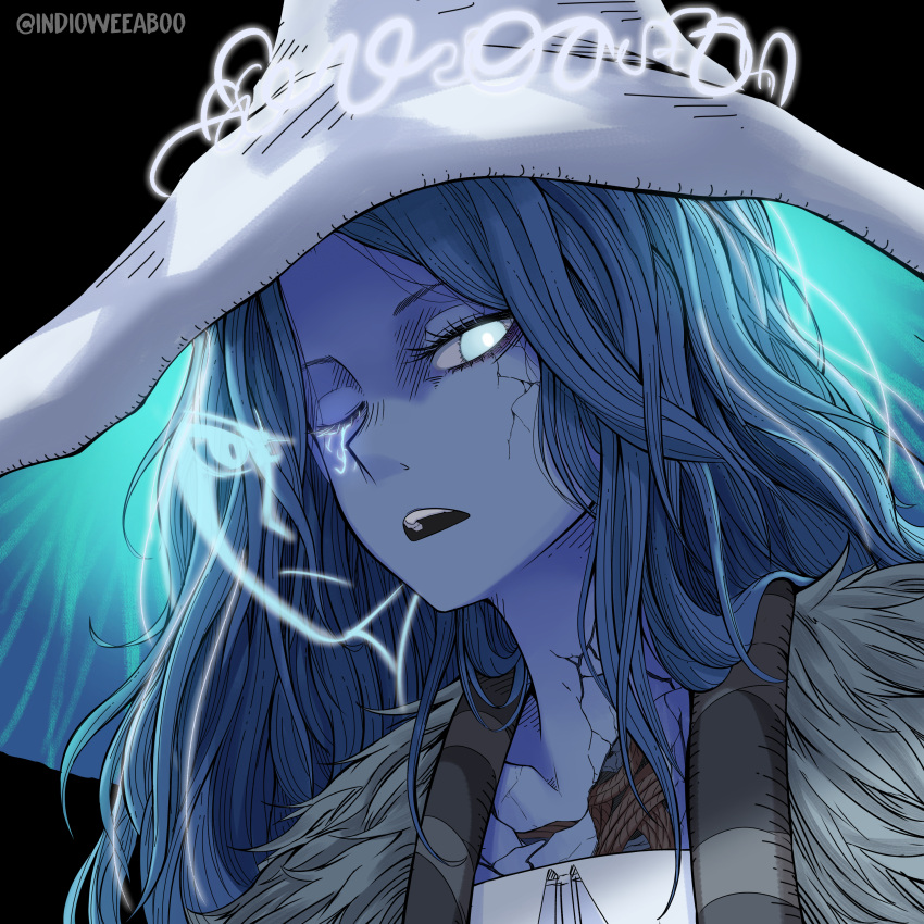 absurdres angry blue_eyes blue_hair blue_skin cloak colored_skin cracked_skin disgust dress elden_ring extra_faces fur_cloak hat highres indio_weeaboo looking_down ranni_the_witch white_dress witch_hat