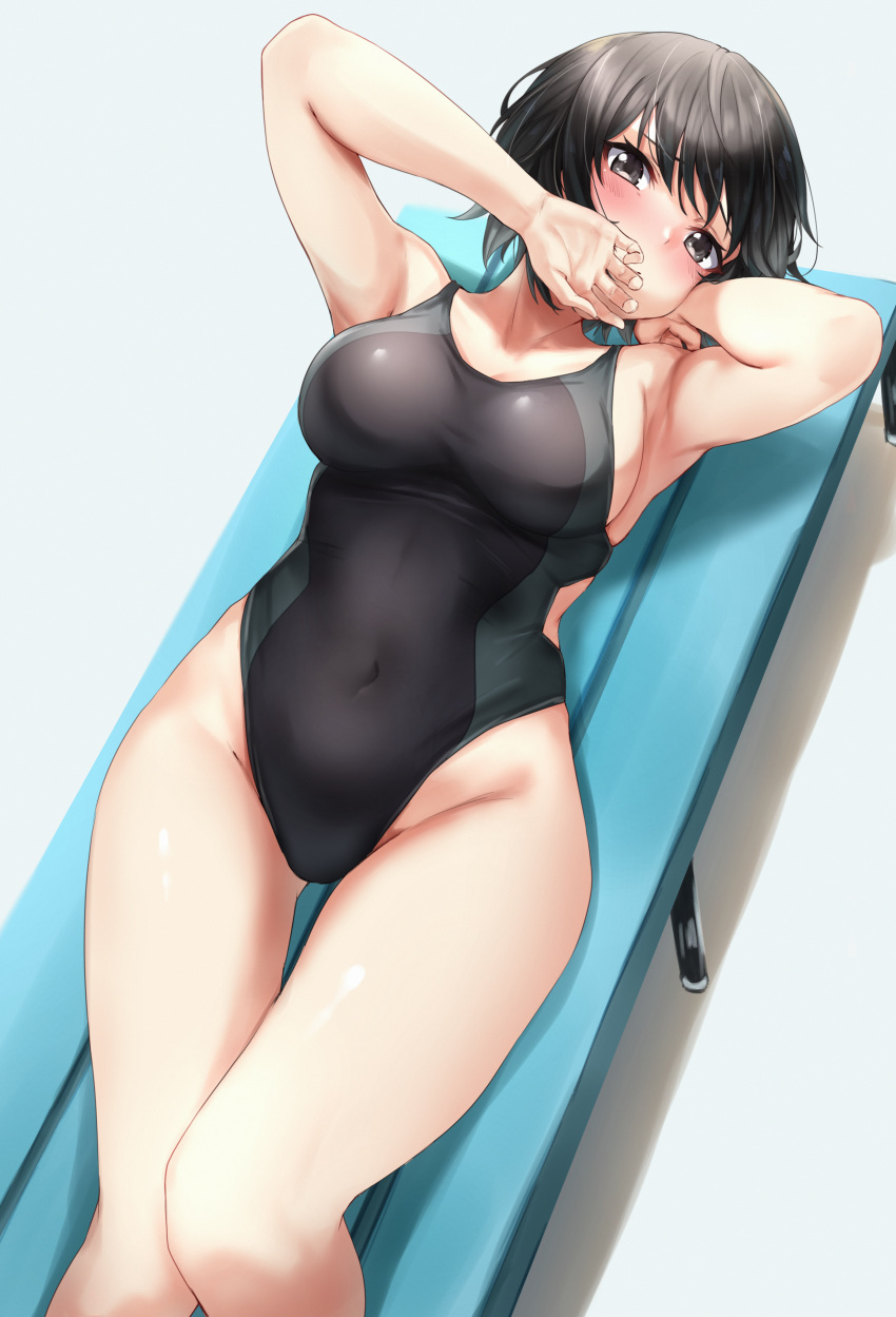 1girl absurdres amagami bangs bare_arms bare_legs bench black_hair blush breasts brown_eyes collarbone commentary competition_swimsuit covered_navel covering_mouth eyebrows_visible_through_hair feet_out_of_frame highres looking_at_viewer lying m.tokotsu nanasaki_ai on_back one-piece_swimsuit short_hair sideboob solo swimsuit