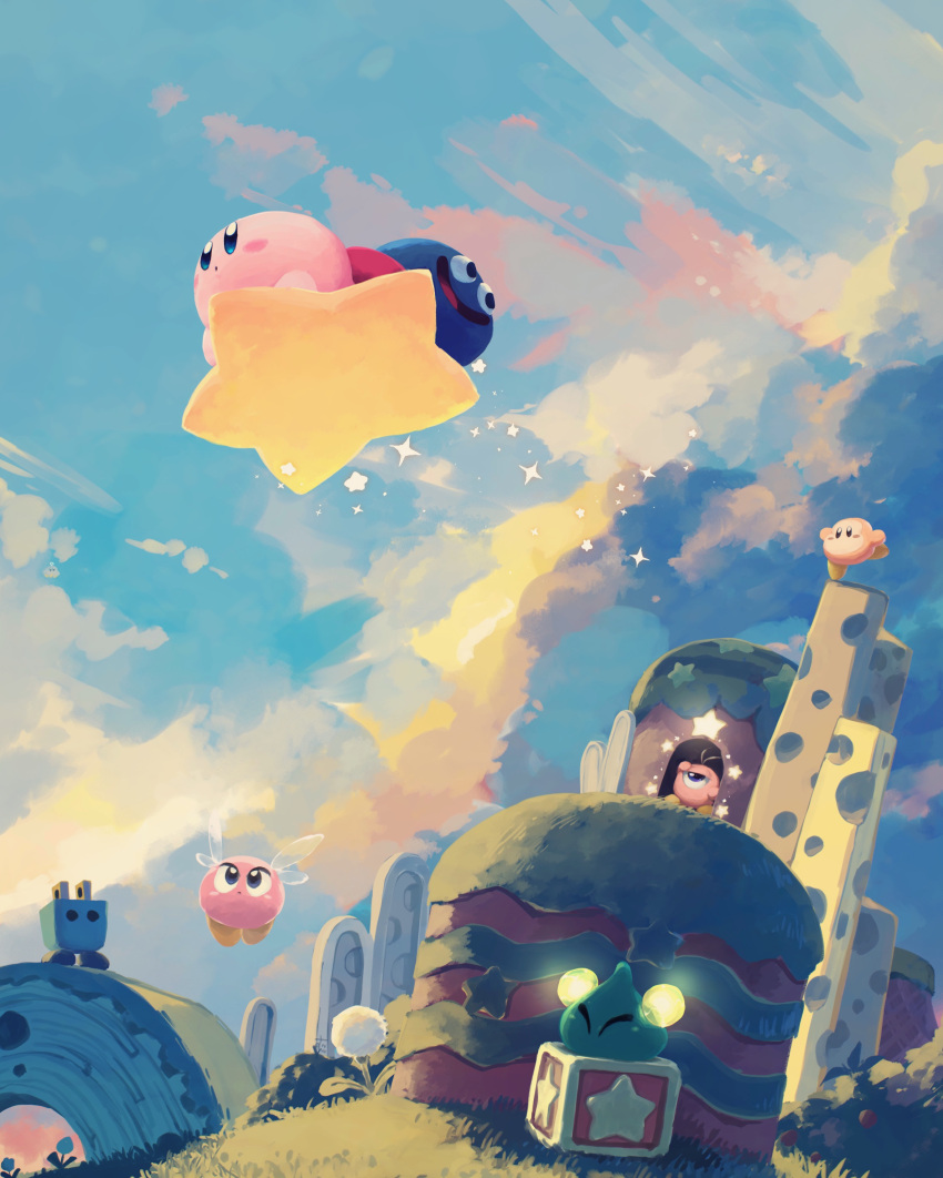 absurdres box character_request clouds cloudy_sky creature dandelion day door flower flying gooey_(kirby) grass happy highres kirby kirby_(series) landscape looking_to_the_side looking_up mountain one_eye_closed open_mouth sky sparkle star_(symbol) suyasuyabi tongue waddle_dee waddle_doo