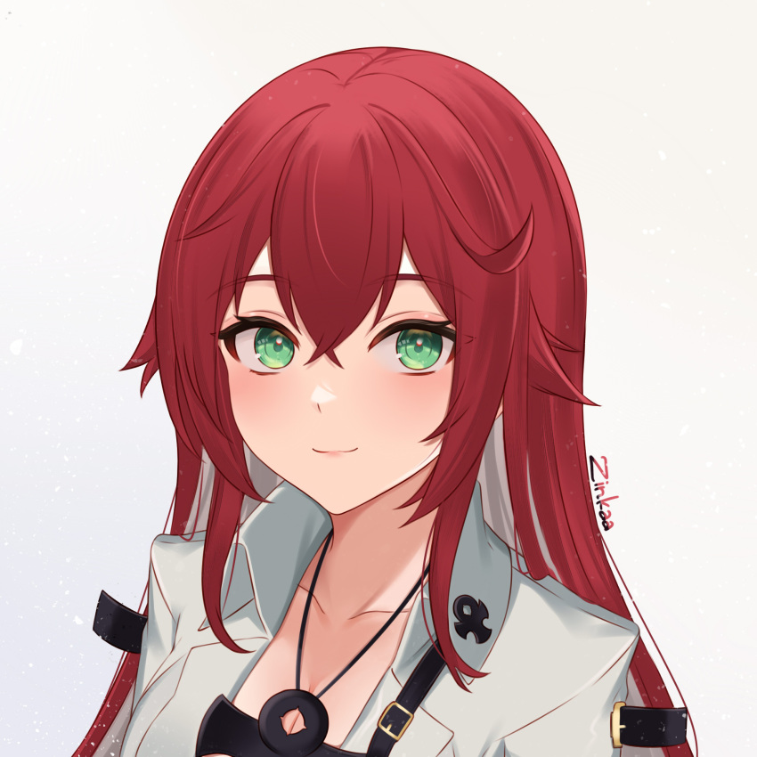 1girl ankh artist_name bangs blush closed_mouth collarbone commentary green_eyes grey_background guilty_gear guilty_gear_strive highres jack-o'_valentine jewelry lips long_hair looking_at_viewer necklace redhead shiny shiny_hair signature simple_background smile upper_body zinkaa