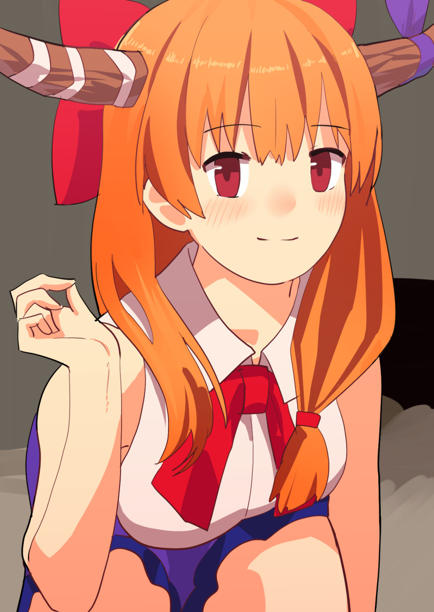 1girl bangs blue_skirt blush bow bowtie breasts brown_horns closed_mouth collared_shirt commentary_request cookie_(touhou) cowboy_shot eyebrows_visible_through_hair highres horns ibuki_suika leaning_forward leftame long_hair looking_at_viewer medium_breasts orange_hair photo-referenced red_bow red_bowtie red_eyes shirt skirt sleeveless sleeveless_shirt smile solo touhou white_shirt yamin_(cookie)