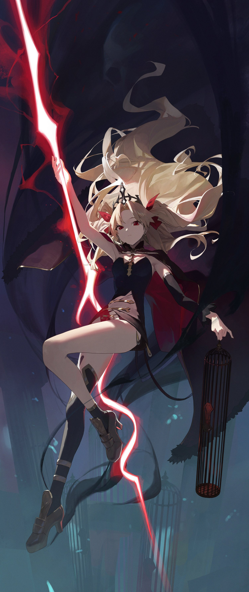 1girl :| absurdres asymmetrical_sleeves bangs blonde_hair breasts cage cape closed_mouth commentary_request crown earrings ereshkigal_(fate) expressionless fate/grand_order fate_(series) floating from_below full_body glowing glowing_weapon gold_trim hair_ribbon highres holding holding_cage holding_polearm holding_weapon hood hooded_cape infinity jewelry long_hair looking_at_viewer meslamtaea_(weapon) modare multicolored_cape multicolored_clothes parted_bangs polearm red_cape red_eyes ribbon single_sleeve single_thighhigh skull solo spear spine thigh-highs tiara two_side_up uneven_sleeves very_long_hair weapon yellow_cape