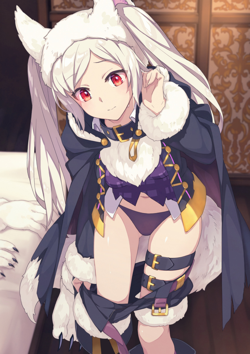1girl albino animal_ears bangs bed black_coat black_panties black_shorts breasts buckle closed_mouth clothes_pull coat collar commission dressing eyebrows_visible_through_hair fake_animal_ears feet_out_of_frame fire_emblem fire_emblem_awakening fire_emblem_heroes fur-trimmed_shorts fur-trimmed_sleeves fur_hat fur_trim grima_(fire_emblem) halloween halloween_costume hat highres indoors leaning_forward long_sleeves looking_down medium_breasts navel official_alternate_costume open_clothes open_coat panties parted_bangs pulled_by_self purple_panties purple_shirt red_eyes robin_(fire_emblem) robin_(fire_emblem)_(female) saipaco shirt shorts shorts_pull skeb_commission solo standing thigh_strap twintails underwear undressing white_hair wolf_girl