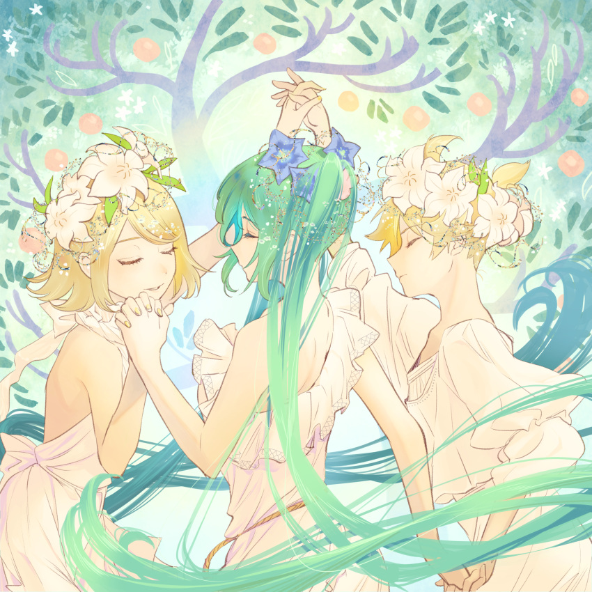 1boy 2girls arms_up backless_dress backless_outfit bangs bare_arms blonde_hair blush closed_eyes commentary dress floating_hair flower flower_wreath frills green_hair hair_flower hair_ornament halter_dress halterneck hatsune_miku head_wreath highres holding_hands kagamine_len kagamine_rin long_hair multiple_girls nail_polish naimaze_atakamo off-shoulder_dress off_shoulder orange_tree parted_lips profile rope_belt short_hair thick_eyebrows twintails very_long_hair vocaloid