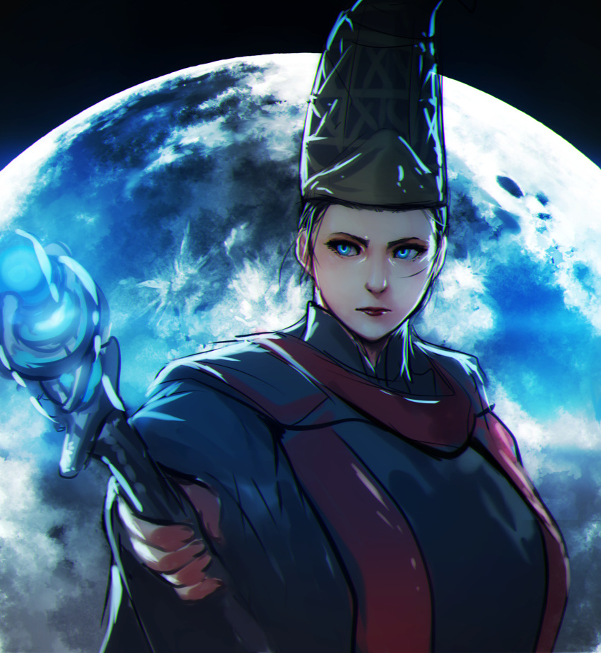 1girl black_hair blue_eyes elden_ring erkaz hat high_collar highres holding holding_staff long_sleeves looking_at_viewer moon rennala_queen_of_the_full_moon robe serious short_hair solo staff upper_body weapon wide_sleeves wizard_hat