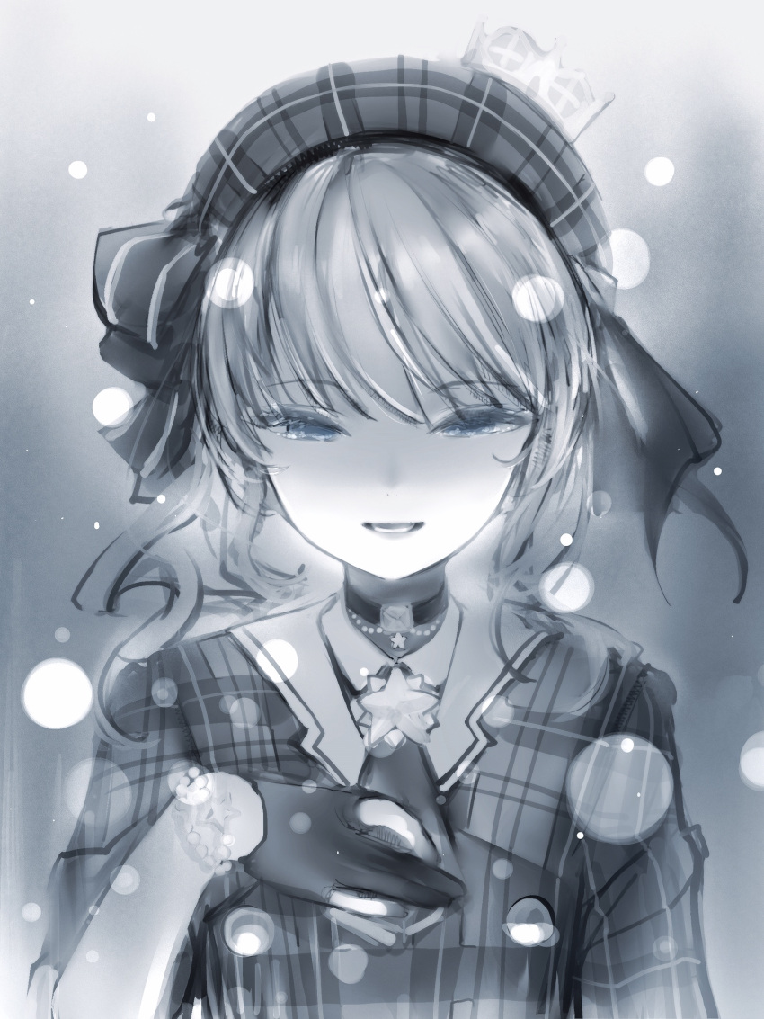 1girl blue_theme bow gloves hair_bow hand_on_own_chest hat highres hololive hoshimachi_suisei jacket looking_at_viewer monochrome nanashi_(nlo) necktie parted_lips partially_fingerless_gloves short_necktie smile solo