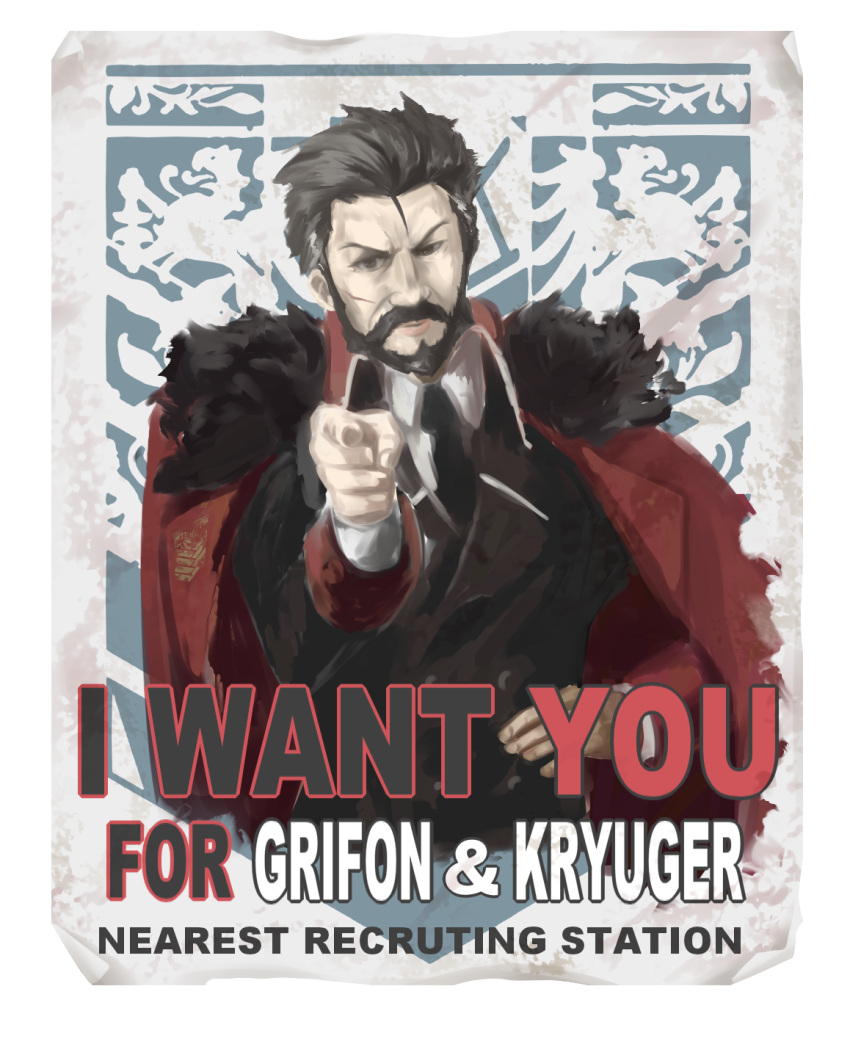 1boy beard berezovich_kryuger_(girls'_frontline) black_hair black_necktie coat coat_on_shoulders collared_coat collared_shirt english_text facial_hair fur-trimmed_coat fur_trim girls_frontline griffin_&amp;_kryuger griffin_&amp;_kryuger_military_uniform hair_slicked_back highres i_want_you necktie parody pointing pointing_at_viewer poster_(object) red_coat scar scar_on_face shirt shu70077 solo upper_body white_shirt