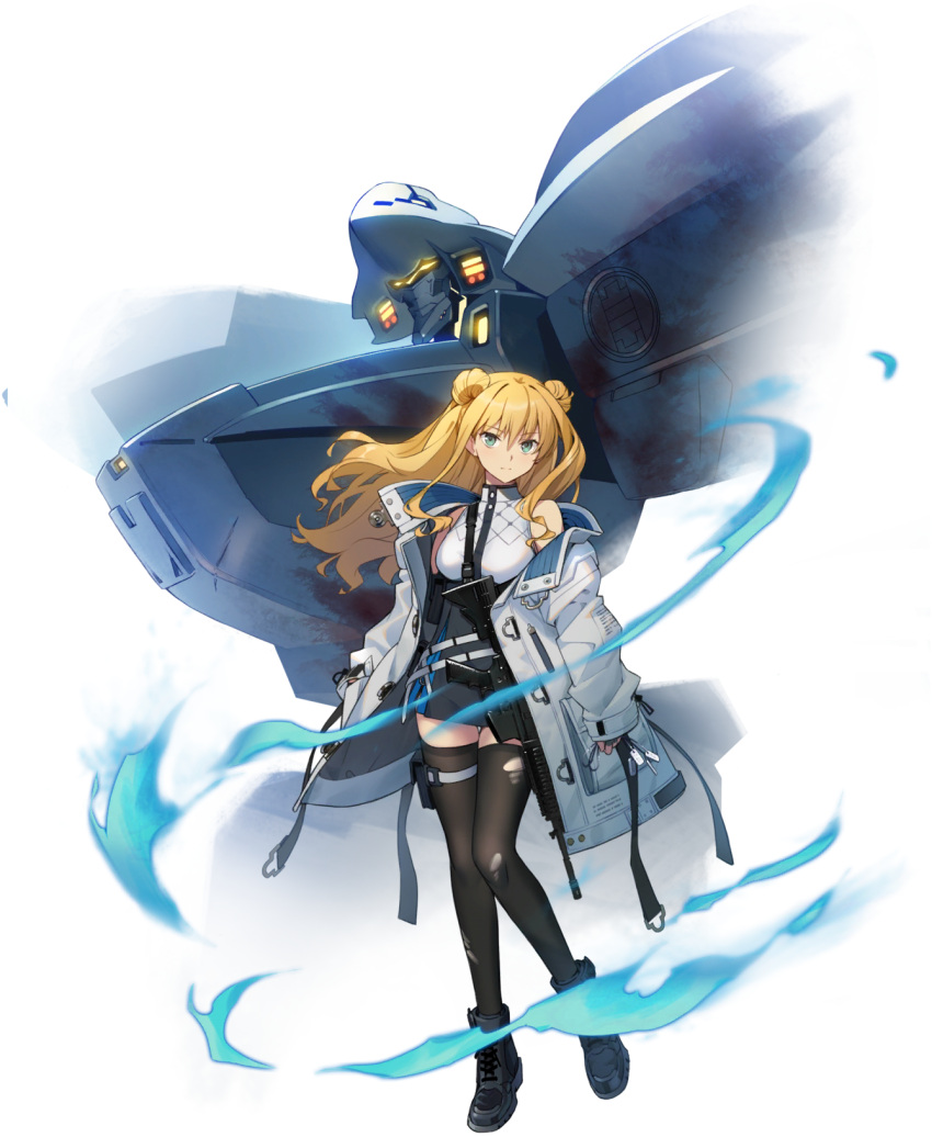 1girl artist_request bangs black_footwear black_legwear blonde_hair boots breasts dog_tags f-18_hornet_(muvluv) floating green_eyes highres holding holding_jewelry holding_necklace immortals:_muvluv_alternative jacket jewelry lilia_kjellberg long_hair mecha medium_breasts muvluv muvluv_alternative muvluv_unlimited:_the_day_after necklace non-web_source official_art science_fiction sleeves_past_wrists tactical_surface_fighter thigh-highs torn_clothes torn_legwear transparent_background white_jacket